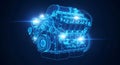 detailed blue wireframe rendering of a complex internal combustion engine against a dark background, showcasing intricate mechanic Royalty Free Stock Photo