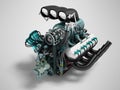 Car turbo engine black blue front perspective 3d render on gray background with shadow Royalty Free Stock Photo