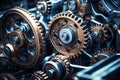 Engine with cogwheels and gears working. Industrial close-up