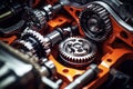 Engine with cogwheels and gears working. Industrial close-up