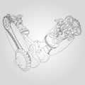 Engine components in disassembled state. Vector illustration of lines.