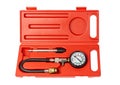 Engine compression tester isolated on white background. Set for testing the internal combustion engine. Monometer close