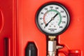 Engine compression tester. Set for testing the internal combustion engine. Monometer close-up.