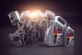 Engine, crankshaft and pistons with motor oil canister. Auto service concept Royalty Free Stock Photo