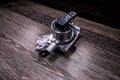 Engine EGR valve image on wooden background Royalty Free Stock Photo