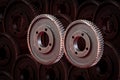 Engine gear wheels, industrial concept with red lights - complex business solution