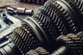 Engine gear wheels, industrial on wooden background Royalty Free Stock Photo