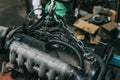 Engine instalation on crane hook Royalty Free Stock Photo