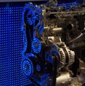 Engine internals with blue LED reflections