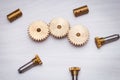 Engine metal gear wheels on wooden background Royalty Free Stock Photo