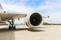 Engine of modern passenger jet airplane. Rotating fan and turbine blades Royalty Free Stock Photo