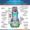 Piston petrol engine, structural cross section in basic design for education