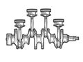 Engine pistons on crankshaft sketch engraving