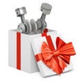 Engine pistons inside gift box, present concept. 3D rendering Royalty Free Stock Photo