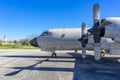 4-engine propeller plane on the runway of the N1 air base in Pero Pinheiro