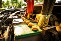 Engine room of old car with charger cable. Royalty Free Stock Photo