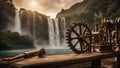 engine Steam punk waterfall of invention, with a landscape of wooden gears and tools, with a Ban Gioc