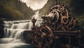 engine Steam punk waterfall of steam, with a landscape of metal trees and gears,