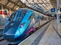 The engine of a TransPennine Express train at Lime Street Station in Liverpool, UK.