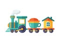 Of an engine, a wagon with a giant teacup, and another with a Royalty Free Stock Photo