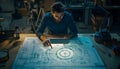 young male engineer working late at night on detailed technical blueprints and architectural plans in a dimly lit workshop environ Royalty Free Stock Photo