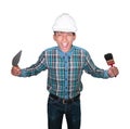 Engineer angry with hand holding Triangle trowel and paint brush wear white safety helmet plastic on white background Royalty Free Stock Photo