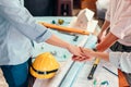 Engineer and architect partners team work join hands together. group people hands were collaboration to trust in business Royalty Free Stock Photo