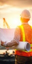 Engineer or architect standing at construction site at sunset Royalty Free Stock Photo