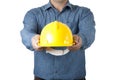 Engineer, Architecture wear blue shirt and hold yellow safety helmet on isolate background Royalty Free Stock Photo