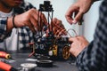 Engineer Asian Students Assembling Robotics Kits. Learning Mechanical Control, Robotics combines computer, electrical, mechanical Royalty Free Stock Photo