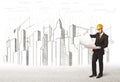 Engineer business man with building city drawing in background Royalty Free Stock Photo