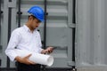 Engineer check construction plan on smartphone Royalty Free Stock Photo