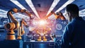 Engineer check and control welding robotics automatic arms machine in intelligent factory Digital manufacturing operation.