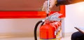 Male Professional inspection Fire extinguisher,safety concept Royalty Free Stock Photo