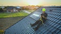 Engineer Checking Solar Panel Installation Using Tablet With Digital Animation Royalty Free Stock Photo