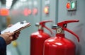 Engineer checks fire extinguishers in control room. Safety inspection process with clipboard. Red cylinders ready for emergency. Royalty Free Stock Photo