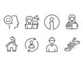 Engineer, Cleaning and Person info icons. Woman read, Good mood and Escalator signs.