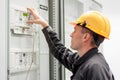 Engineer commissioning bay control unit. Engineering department Royalty Free Stock Photo