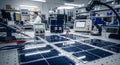 Engineer conducting solar panel testing and diagnostics in a modern laboratory with electronic equipment and a microscope Royalty Free Stock Photo