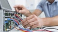 Engineer connecting wires in circuit board for electronic device testing and maintenance Royalty Free Stock Photo