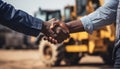 Engineer and Construction Workers Shaking Hands with Tractor. Successful Collaboration