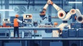 Engineer Controls Industrial Robots in Factory.