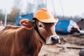 Engineer cow in a work helmet on a construction site. Construction of a large house from cement Royalty Free Stock Photo