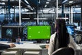 Engineer in data center using green screen PC, optimizing hardware for AI tasks Royalty Free Stock Photo
