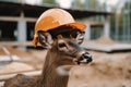 Engineer deer in a work helmet on a construction site. Construction of a large house from cement