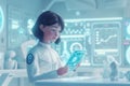 Engineer design mechanical robotic engineering on holographic display futuristic technical blueprint