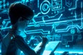 Engineer design mechanical robotic engineering on holographic display glowing blue.