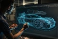 Engineer Designing Electric Car in High-Tech Lab Using Augmented Reality. AI