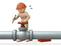 Engineer desperately repairing piping. Royalty Free Stock Photo