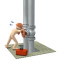 Engineer desperately repairing piping. Royalty Free Stock Photo